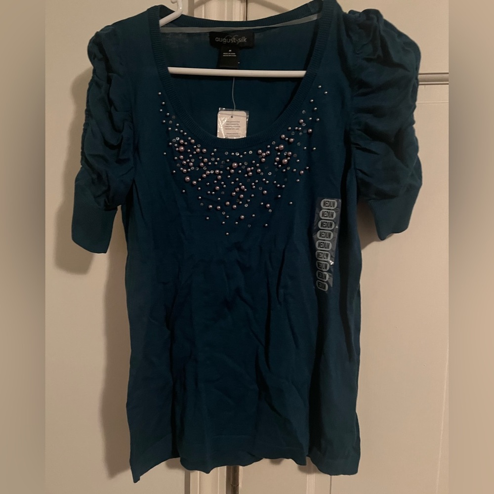 August Silk Ladies SS Scoop Neck Turquoise Sweater Top Medium NWT